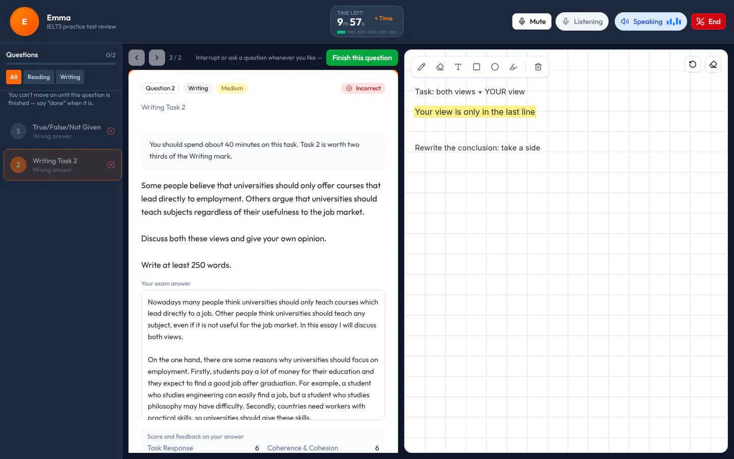 AI Tutor lesson screen: the wrong and blank questions on the left, the student's IELTS Writing Task 2 answer with its band per criterion and the feedback in the middle, and the tutor's notes on the board on the right.