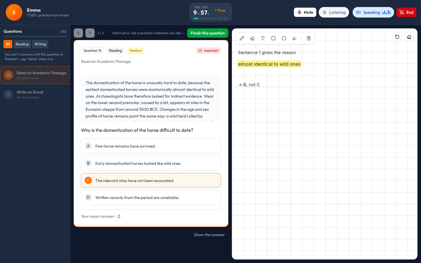 AI Tutor lesson screen: the wrong and blank questions on the left, a TOEFL Reading academic-passage question on the domestication of the horse in the middle, and the tutor's steps written one under another on the board on the right.